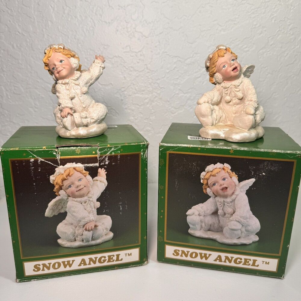 Vintage Snow Angel Figurines 1994 Set Of 2 Playing on Ground 3"x3.5"x4
